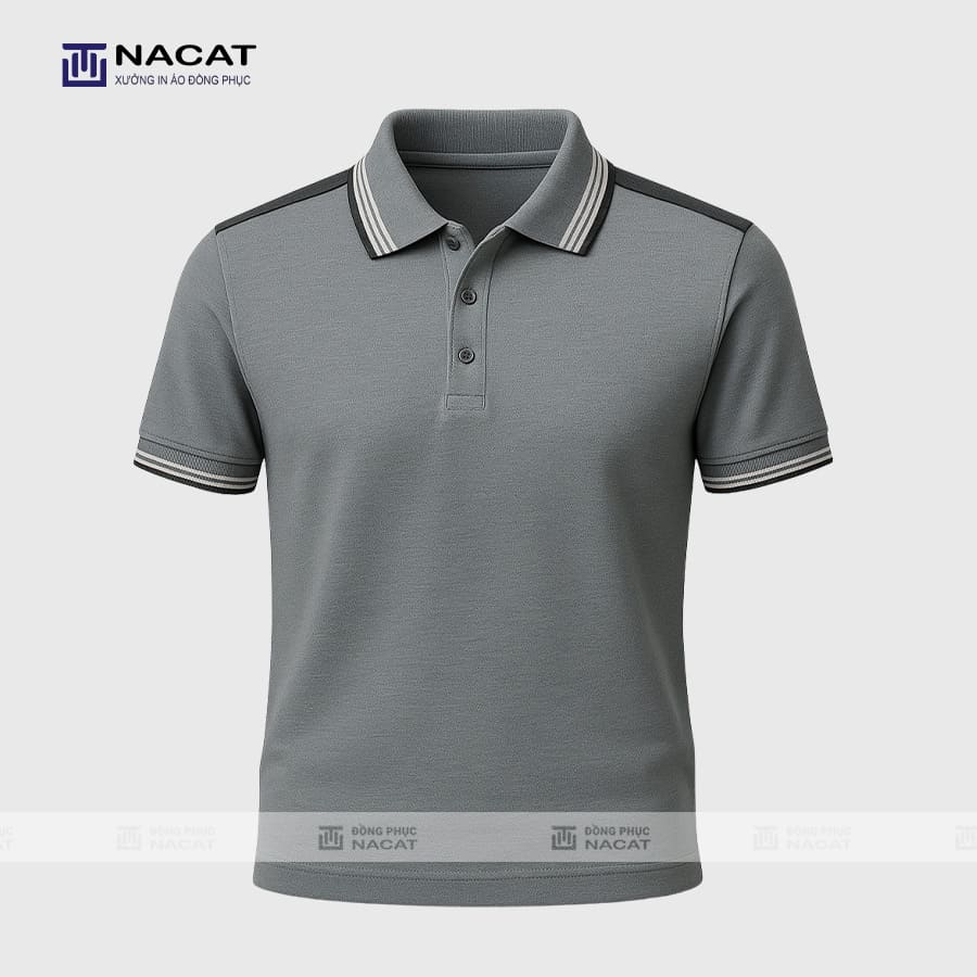 Áo phông thun đồng phục Minimal Polo: Màu ghi có lé 4 đường màu đen 06 Đồng Phục Minimal Polo Áo polo MP012- Đồng phục Nacat