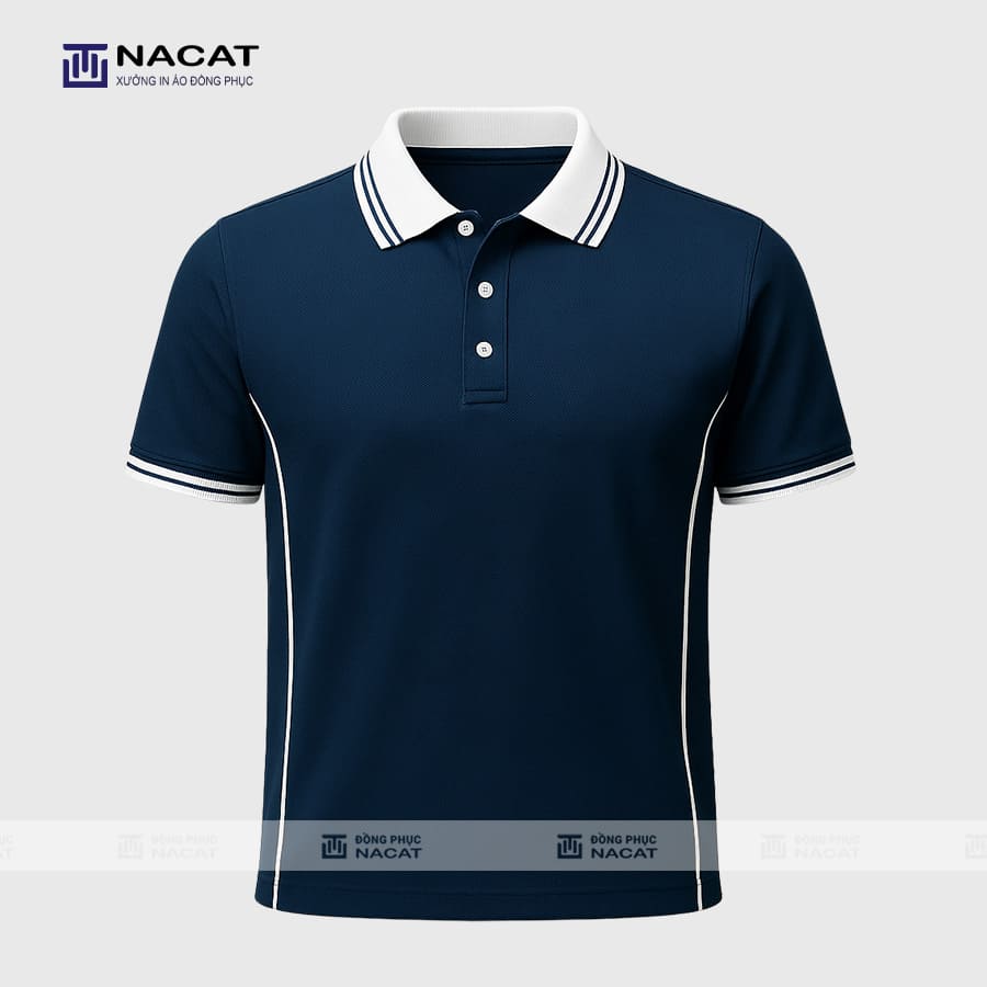 Áo phông thun đồng phục Minimal Polo: Màu xanh đen cổ dệt poly màu trắng 02 Đồng Phục Minimal Polo Áo polo MP026- Đồng phục Nacat